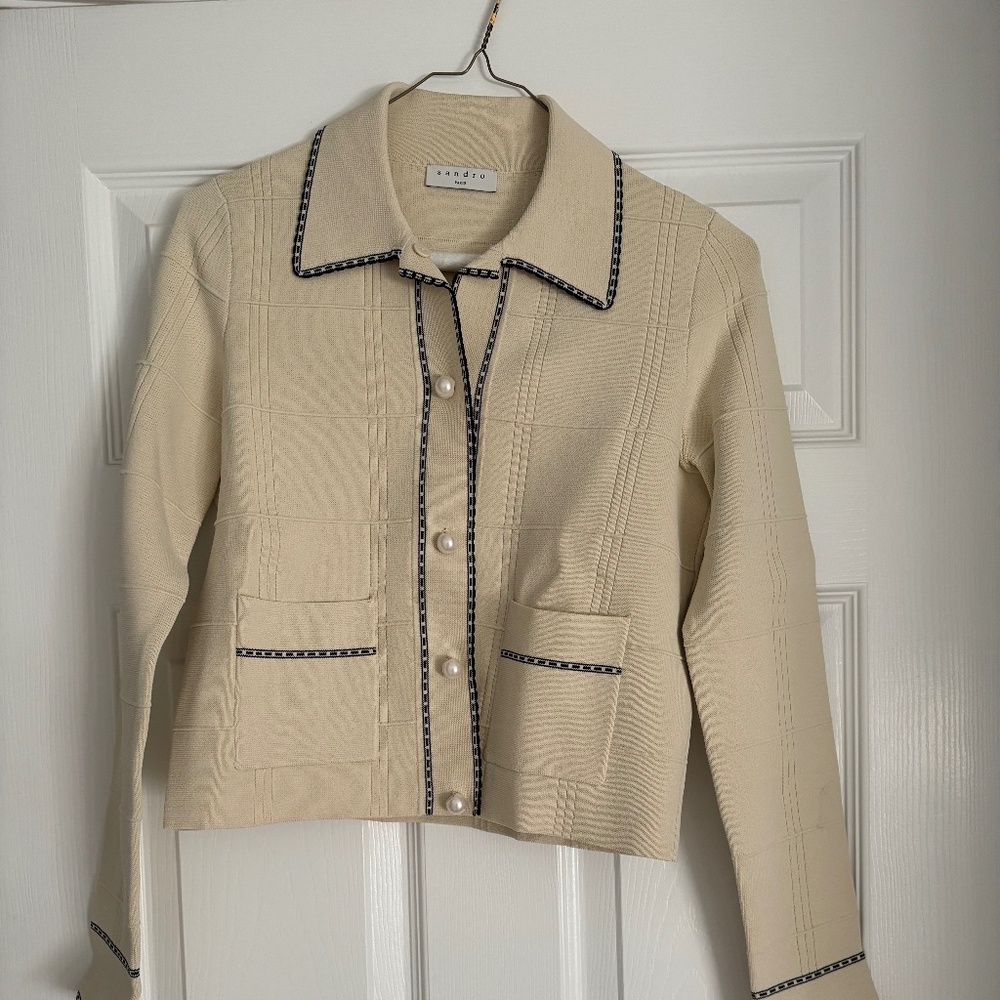 Sandro Knit Top with Pearl Buttons
